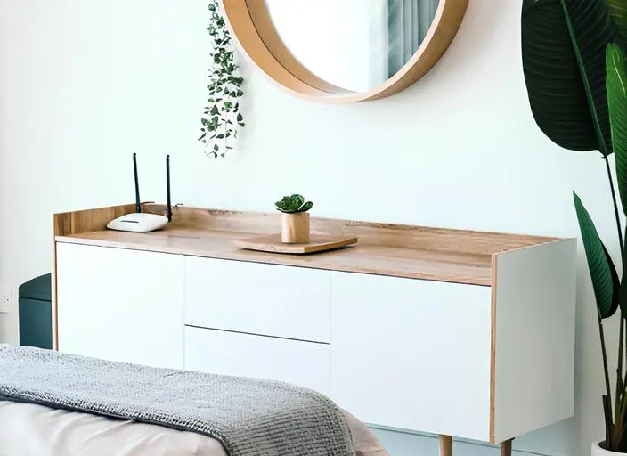 móvel do tipo aparador, portas e laterias em mdf branco laqueado de alto brilho, uma porta em cada lado com duas gavetas ao centro, o tampo é de madeiramento de cor cinamomo. Em cima, na parede, é possível ver um espelho redondo