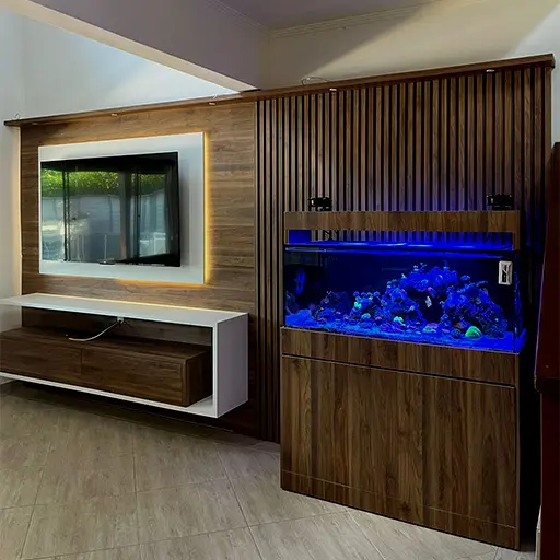 Sala de residencia moderna com aquário iluminado com tonalidade azul